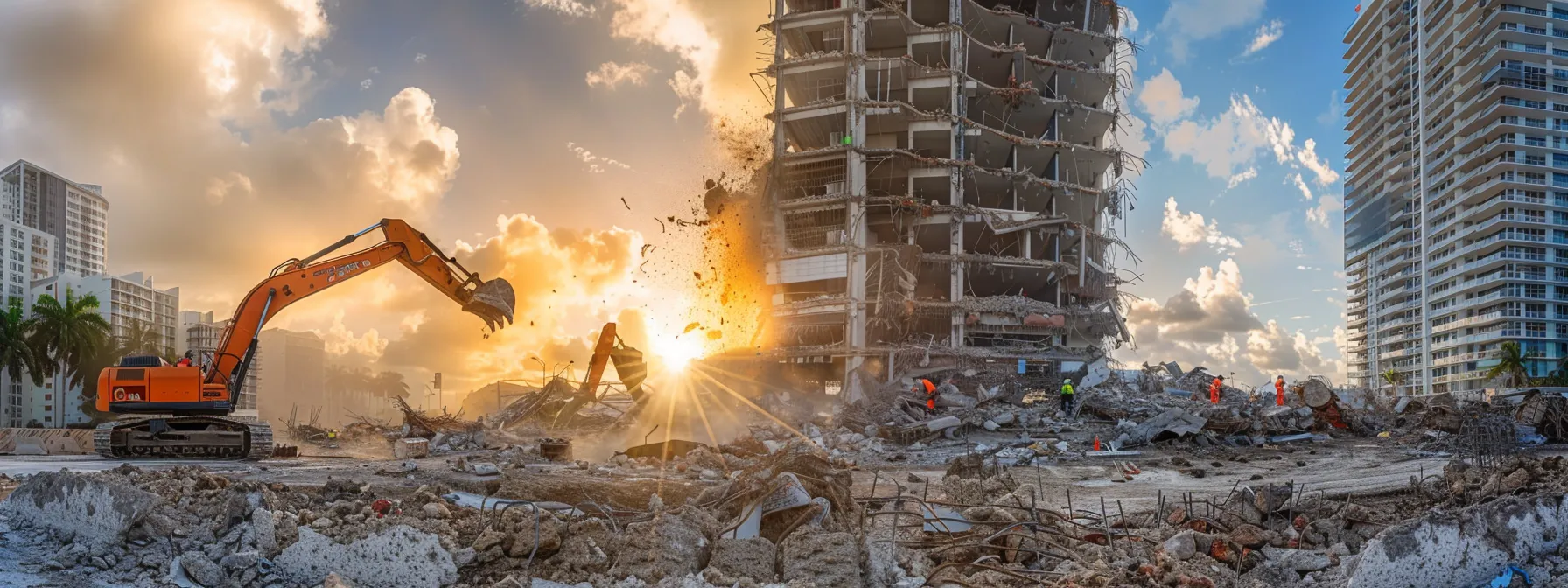a dynamic scene of a modern demolition site in miami showcases heavy machinery tearing down a residential structure, with workers managing debris and eco-friendly dumpster systems in the background, highlighting the efficiency and sustainable practices of affordable demolition services.