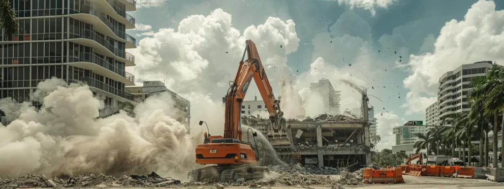 a dynamic urban demolition scene in miami showcases heavy machinery tearing down an aging building, surrounded by construction barriers and dust clouds, capturing the essence of affordable demolition solutions in action.