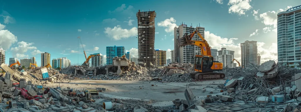 a dynamic urban demolition site in cutler bay, showcasing heavy machinery shattering concrete structures against a backdrop of modern buildings, emphasizing the powerful transformation of the area.
