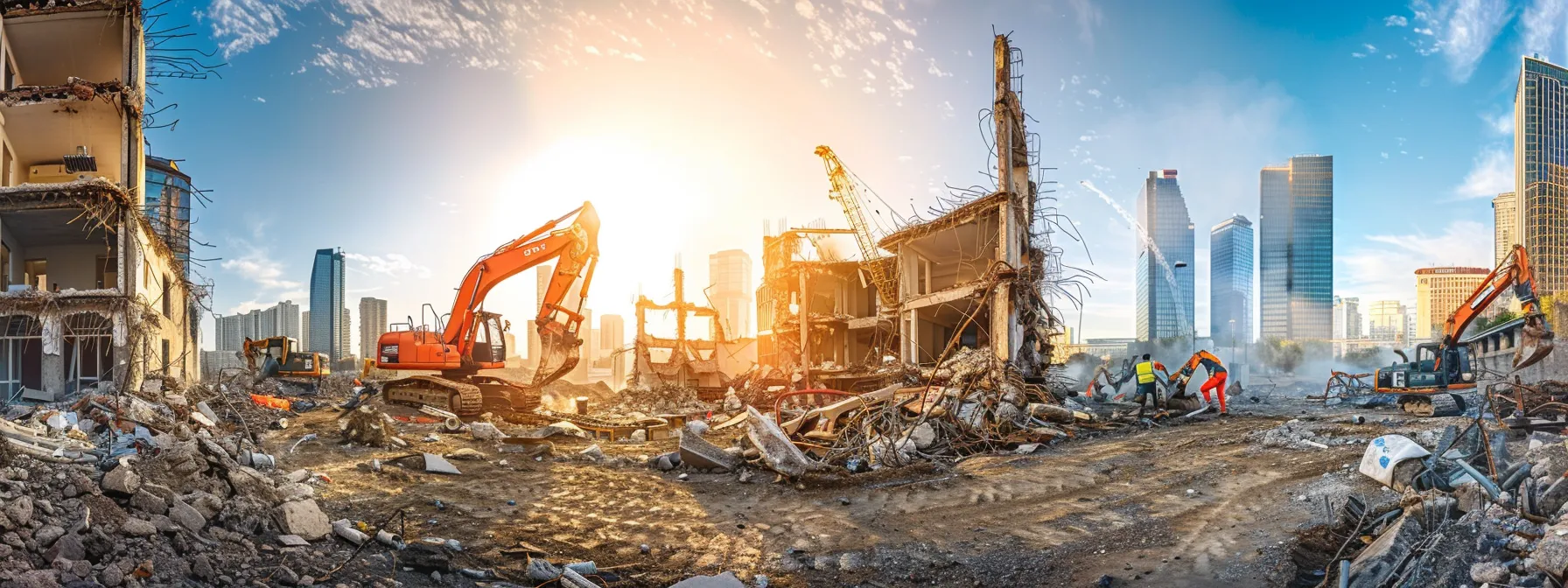 a dynamic urban demolition site showcases skilled workers expertly dismantling a commercial building, with debris and machinery creating a sense of organized chaos against a backdrop of a clear blue sky and the city skyline.