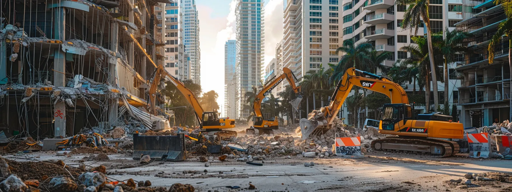 a dynamic urban demolition site in miami, showcasing heavy machinery actively dismantling a mid-rise building, surrounded by construction barriers and debris, emphasizing the efficiency and affordability of sustainable demolition practices.