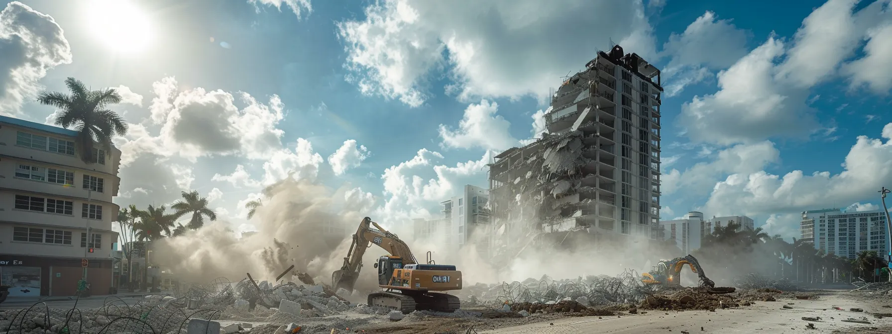 a dynamic urban scene capturing a robust demolition site in miami, featuring heavy machinery expertly tearing down a mid-rise building amidst dust and debris, emphasizing the effectiveness of professional demolition services.