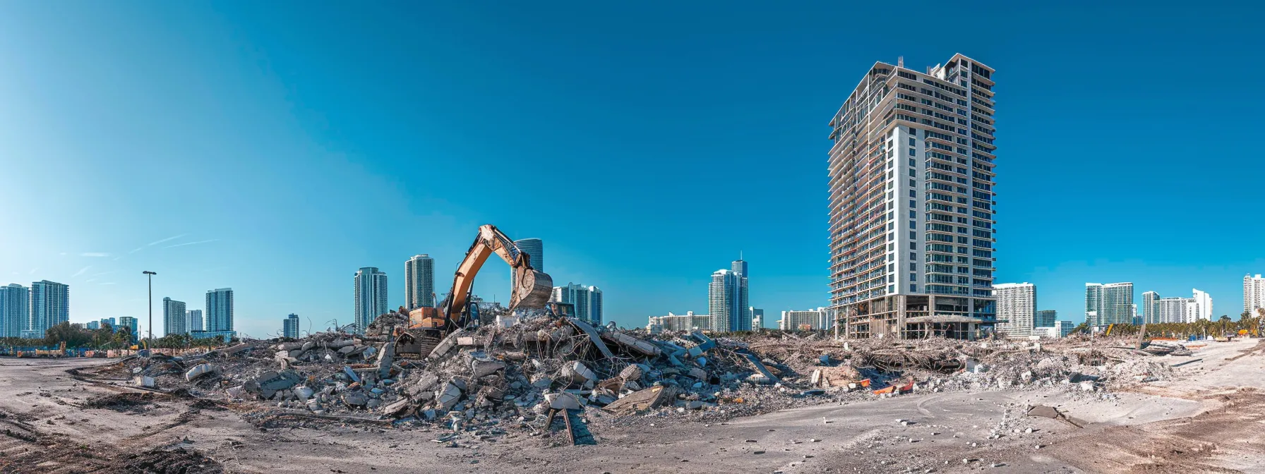 a dynamic urban scene capturing the moment of a large residential building being expertly demolished in miami, with heavy machinery in action against a clear blue sky, showcasing the city's skyline in the background.