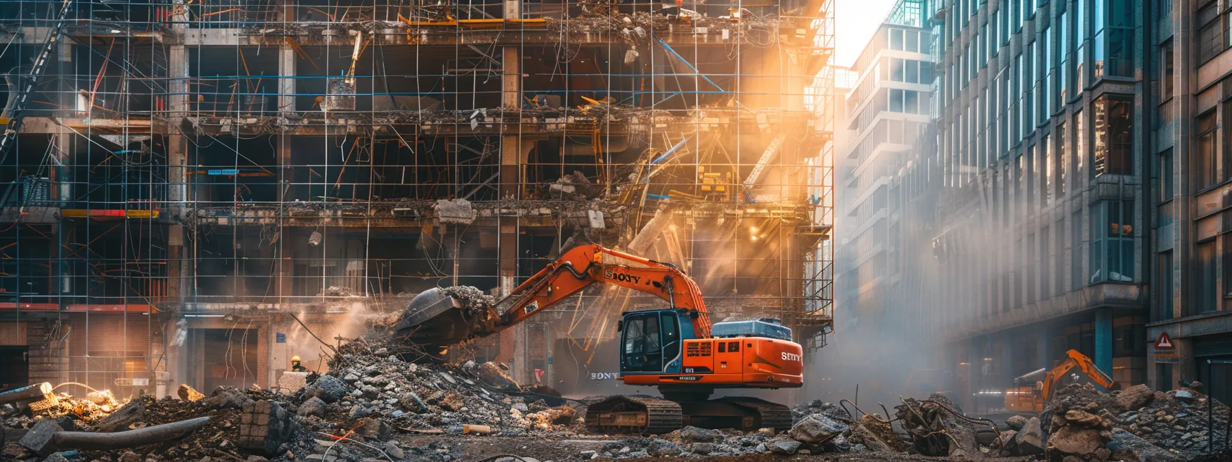 a dramatic urban demolition scene showcases a specialized crew expertly dismantling a building façade with heavy machinery, surrounded by scaffolding and safety barriers, highlighting their commitment to meticulous execution and compliance with local regulations.