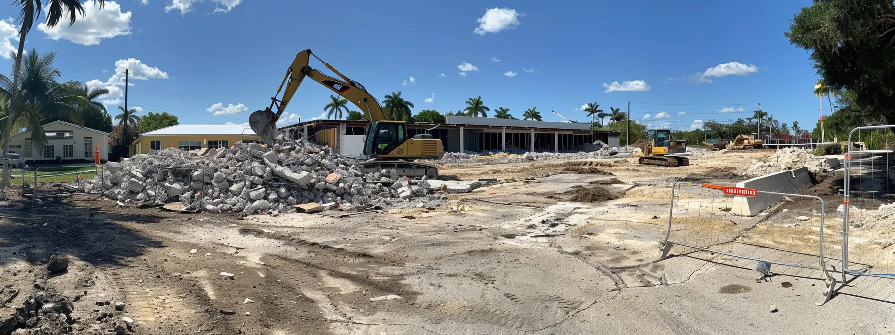 a dynamic demolition site in boynton beach showcases heavy machinery tearing down a structure, surrounded by construction debris and safety barriers, emphasizing local expertise and commitment to efficient project execution.
