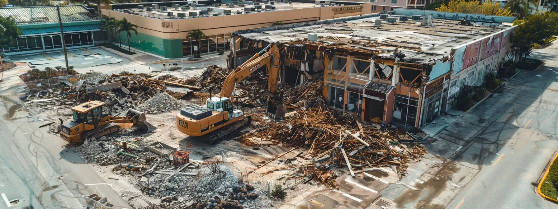 a dynamic demolition site in delray beach showcases heavy machinery carefully dismantling a building, surrounded by clearly marked recycling bins and signage, emphasizing sustainable practices and community care amidst a bustling urban backdrop.