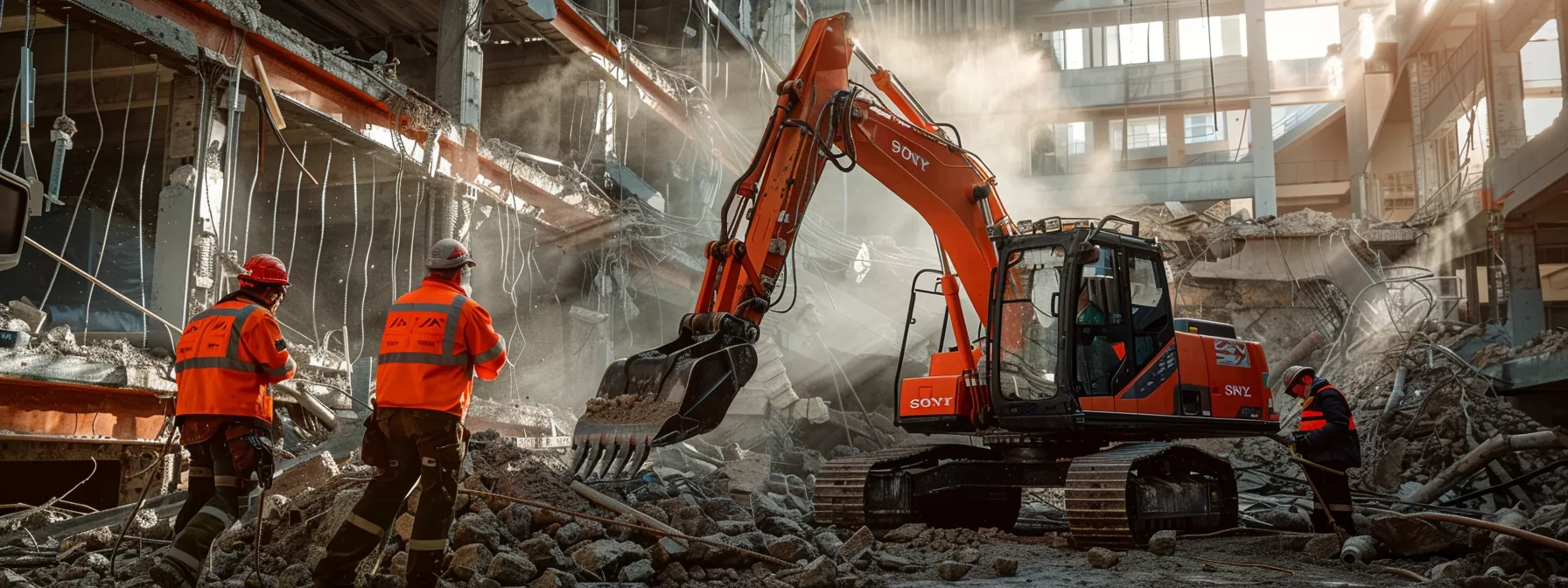 a dynamic urban demolition scene showcases heavy machinery expertly dismantling a building, with workers in safety gear overseeing the process, embodying the critical role of client testimonials in selecting reliable demolition services.