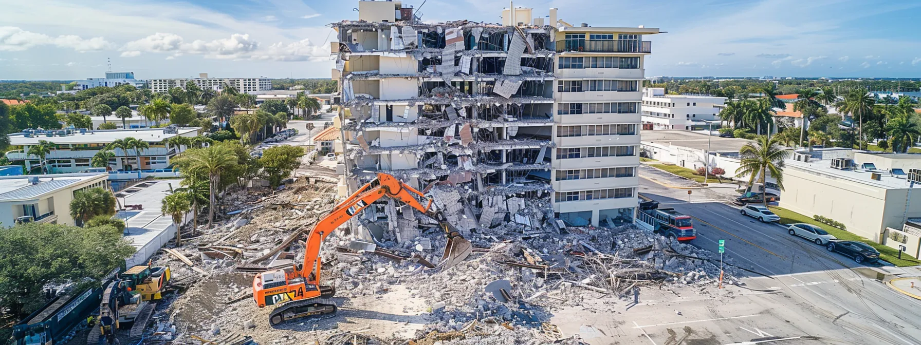 a dynamic urban demolition site shows heavy machinery expertly dismantling a building, with workers wearing safety gear focused on maintaining compliance with local safety standards amid a backdrop of surrounding structures in boynton beach.