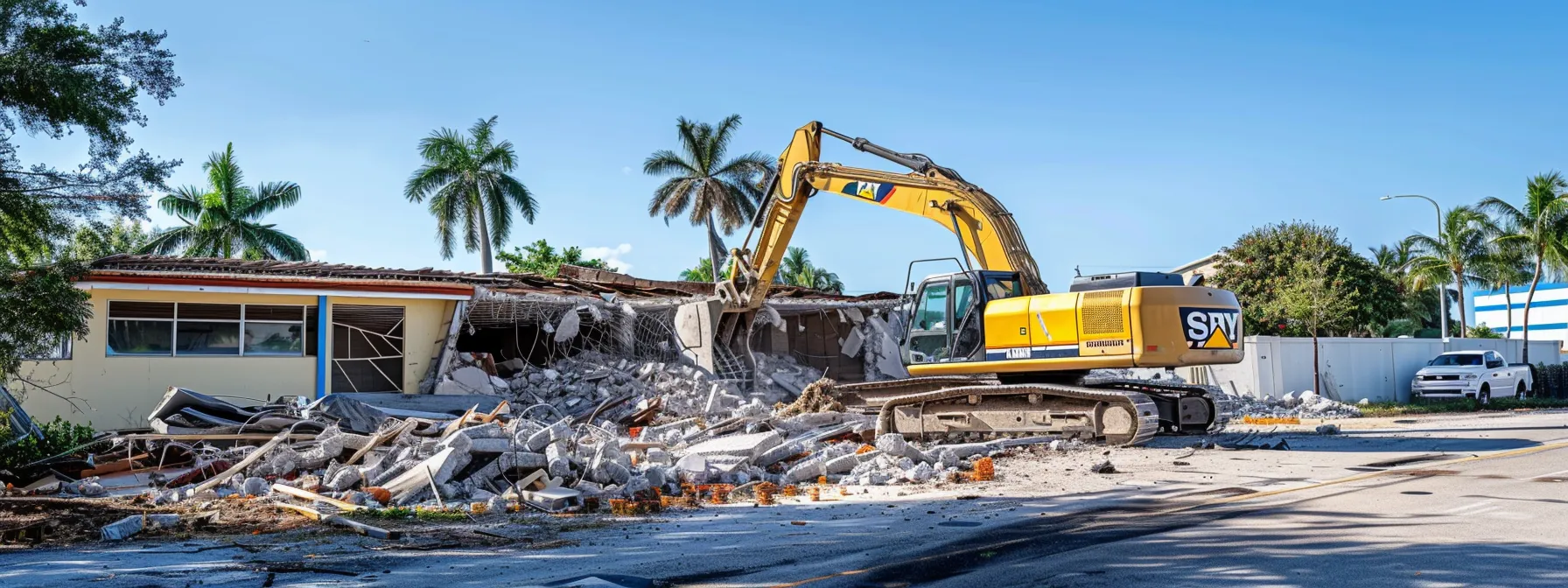 a dynamic urban demolition site in delray beach showcases a towering excavator in action, effortlessly dismantling an older commercial structure amidst piles of debris and construction equipment, all under a clear blue sky.