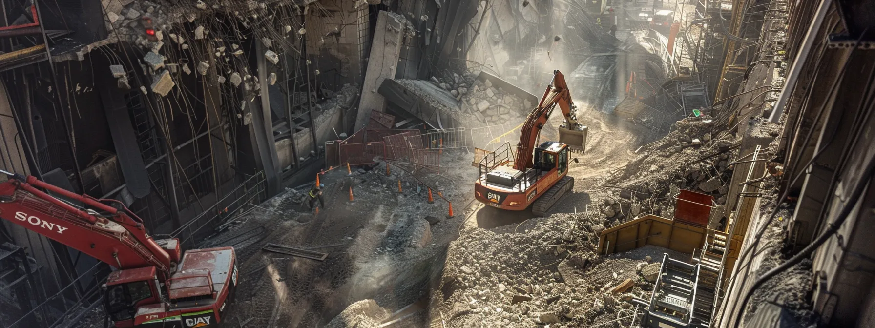 a dynamic urban demolition site is captured, showcasing heavy machinery in action as structured debris falls amidst a backdrop of safety barriers and site preparation equipment, emphasizing the meticulous planning and efficiency inherent in the demolition process.
