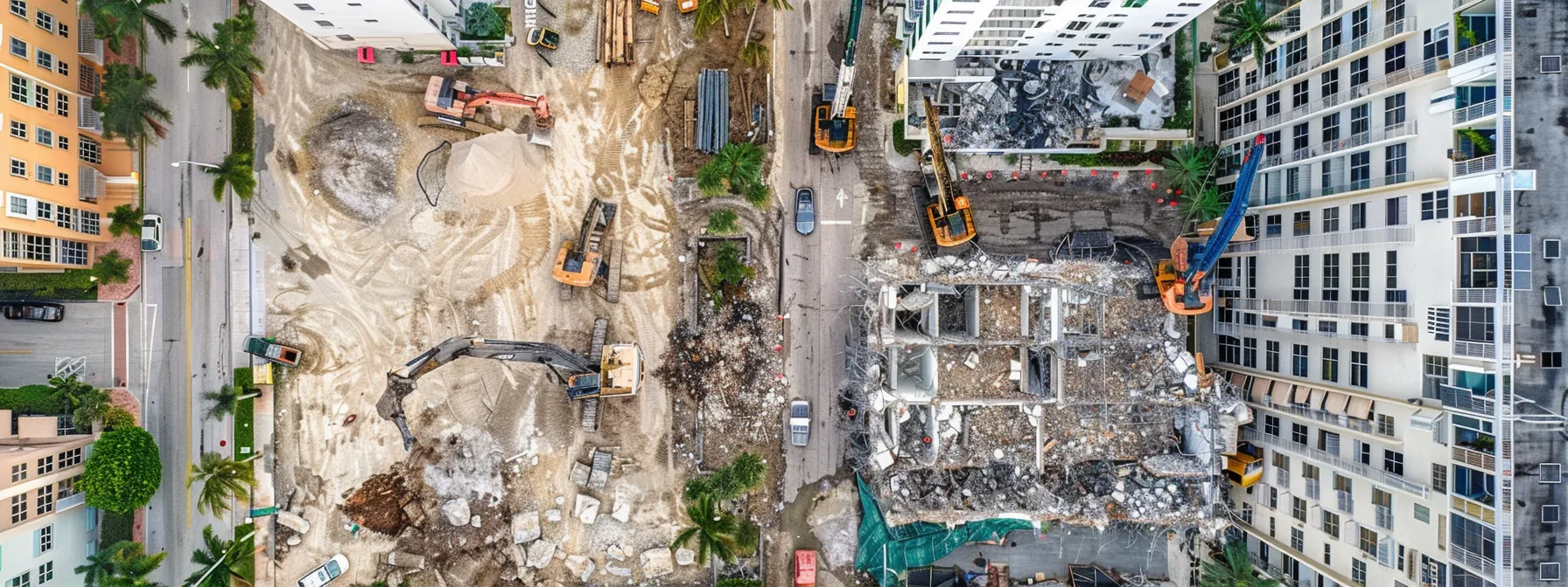 a dynamic urban demolition site in boynton beach showcases a skilled team expertly dismantling a building, surrounded by construction equipment and safety barriers, emphasizing trust and professionalism in their work.