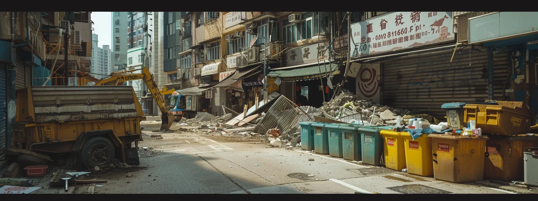 a dynamic urban demolition site showcases local experts carefully dismantling a building, surrounded by organized recycling bins and signage highlighting their commitment to sustainable practices.