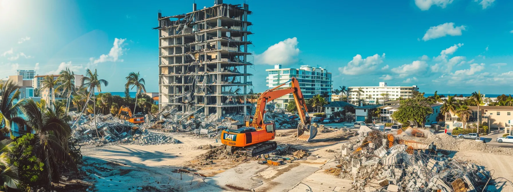 a dynamic urban demolition site in boynton beach showcases heavy machinery skillfully dismantling a building, with workers efficiently coordinating the operation amidst a backdrop of city architecture, emphasizing the expertise and cost-effectiveness of local services.