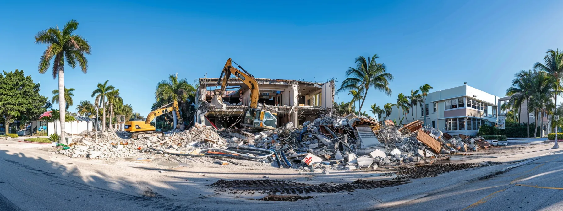 a powerful urban scene captures a robust demolition crew skillfully dismantling a mid-century structure in delray beach, with heavy machinery and debris creating an atmosphere of action and transformation against a clear blue sky.