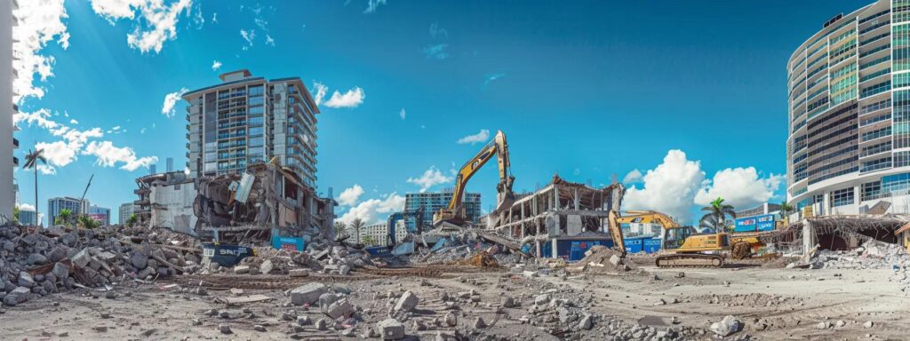 a bustling urban construction site in delray beach, showcasing professional demolition contractors expertly operating heavy machinery amidst a backdrop of partially demolished buildings and clear blue skies, emphasizing reliability and expertise in demolition services.