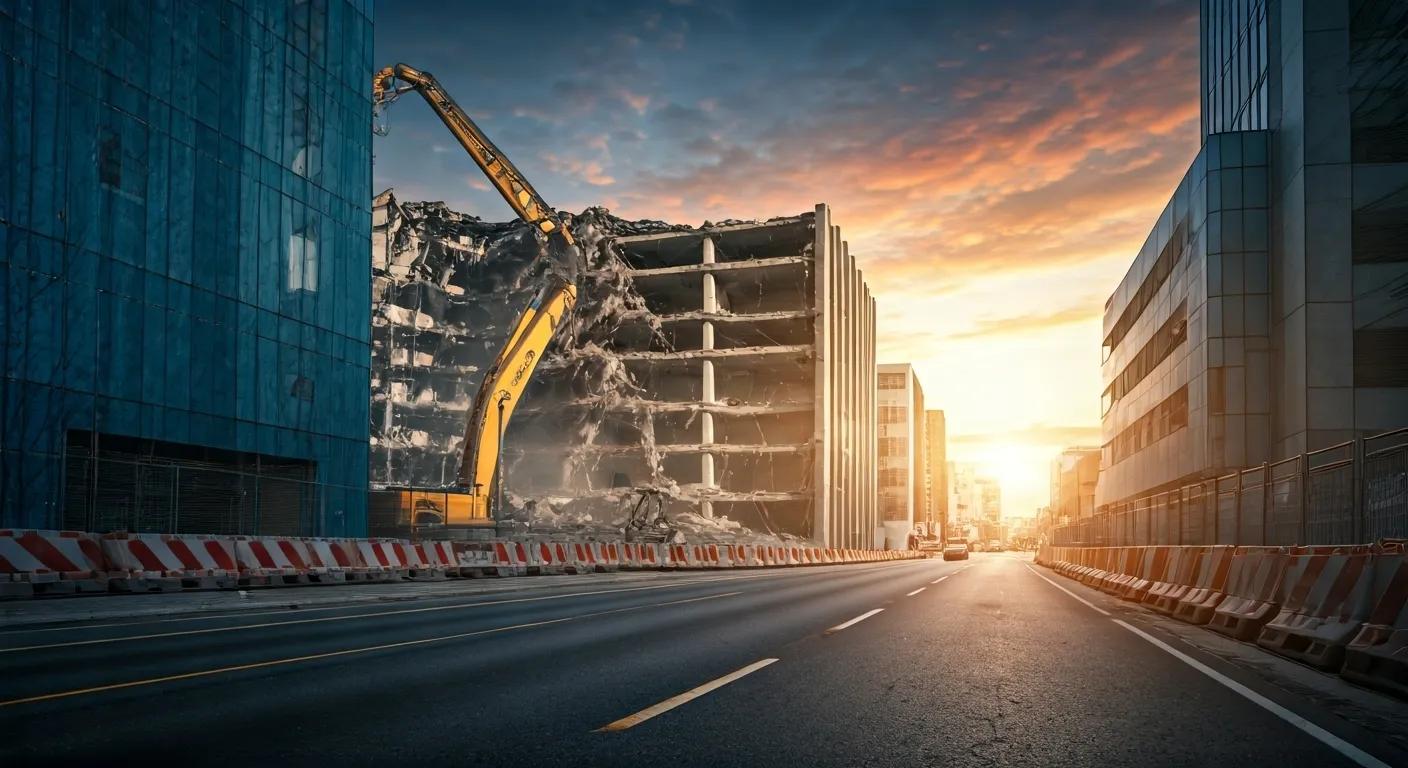 a dynamic urban scene showcasing a commercial demolition site, featuring heavy machinery actively dismantling a large building surrounded by scaffolding and safety barriers, all under a dramatic sky.