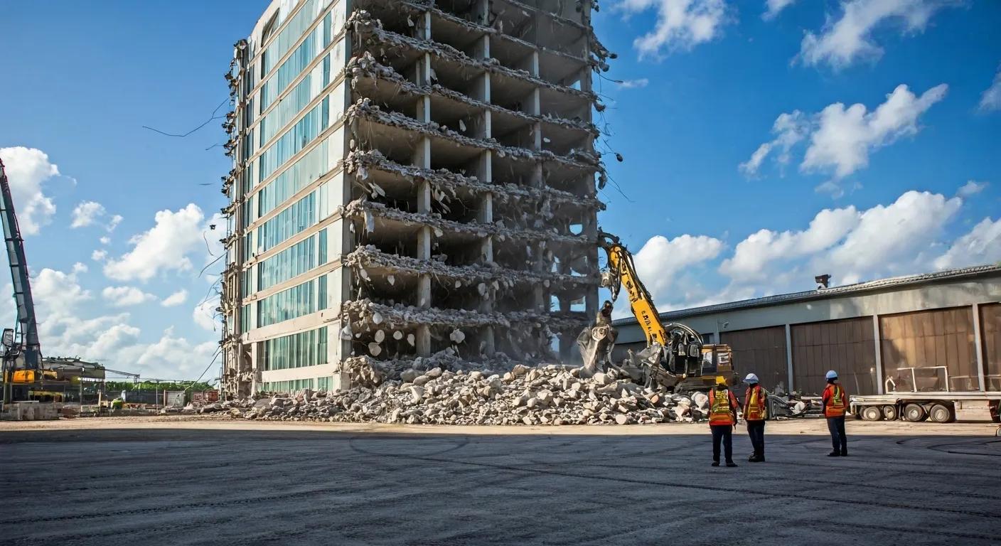 a dynamic urban demolition scene captures the moment a towering office building crumbles under the precision of heavy machinery, with workers in safety gear overseeing the operation amidst an industrial backdrop in boca raton.