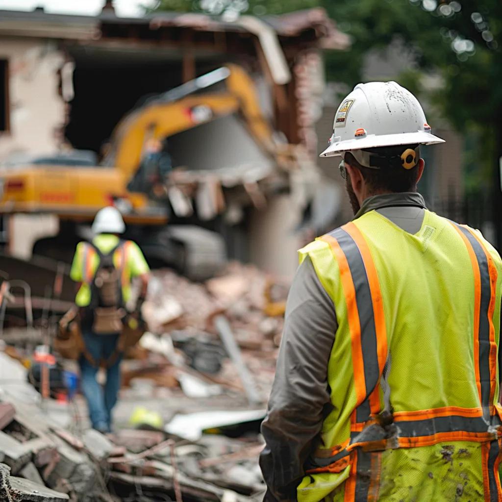 Demolition crew in PPE conducting a safety briefing on site