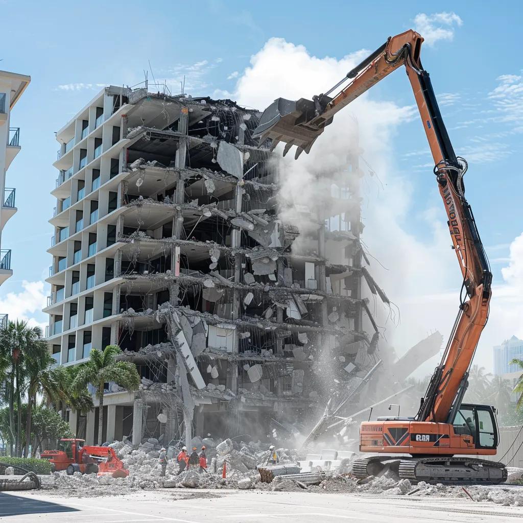 Commercial demolition project in Boca Raton with workers and heavy equipment