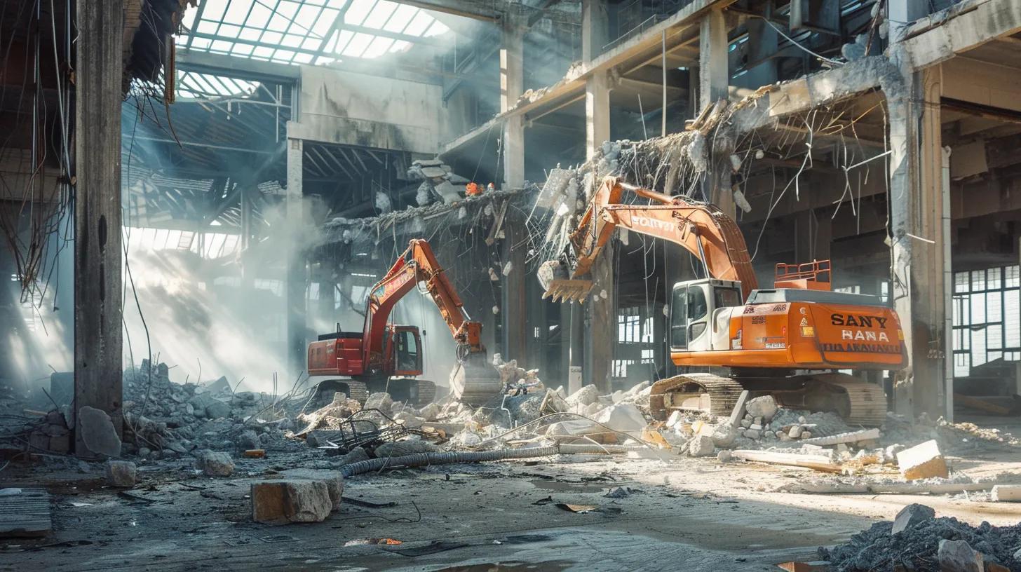 an industrial scene depicting a skilled demolition crew in hard hats meticulously dismantling a commercial building's facade, surrounded by heavy machinery and safety barriers, showcasing the complexity and scale of demolition services.