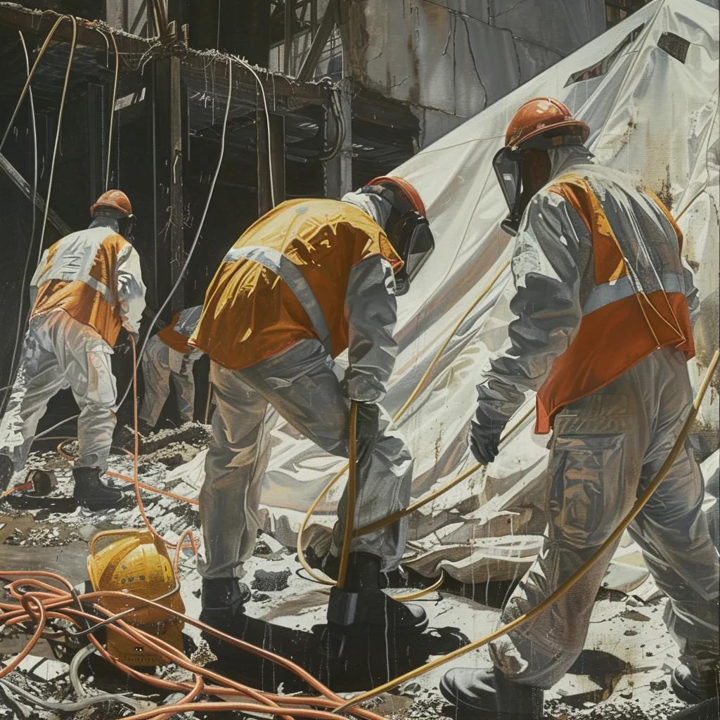 Professionals handling hazardous materials during demolition with safety equipment