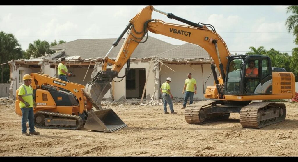 Skilled demolition crew working diligently on a Boynton Beach property, showcasing professional equipment and teamwork
