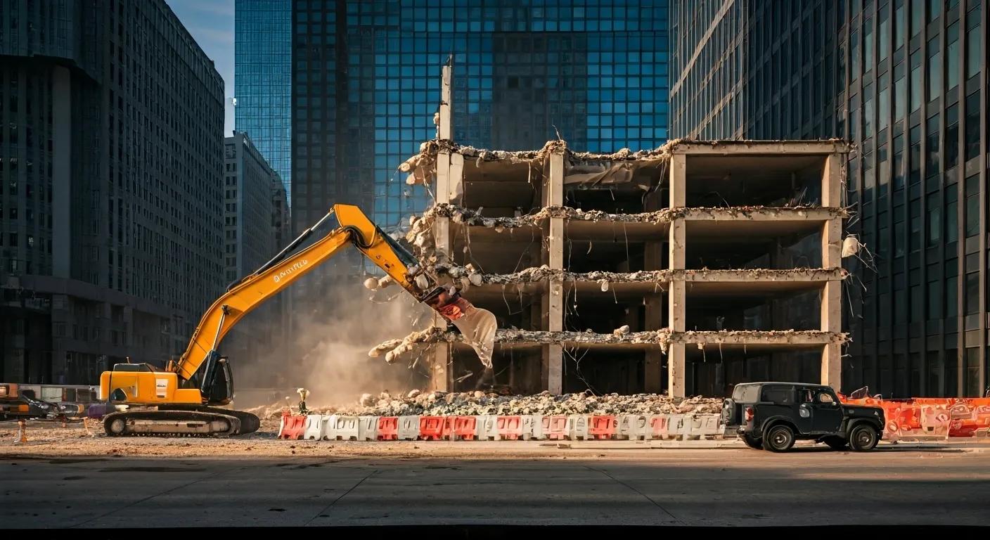 a dynamic urban demolition site captures a colossal building being systematically dismantled by heavy machinery, surrounded by safety barriers and workers in hard hats, emphasizing the complex interplay of cost and efficiency in commercial demolition methods.