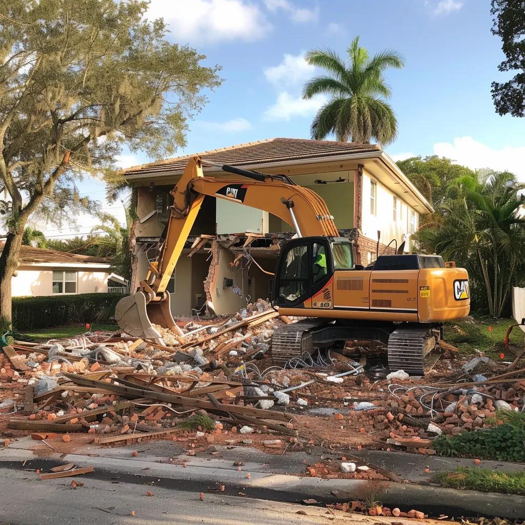 Residential demolition scene in Boca Raton with an excavator dismantling a house