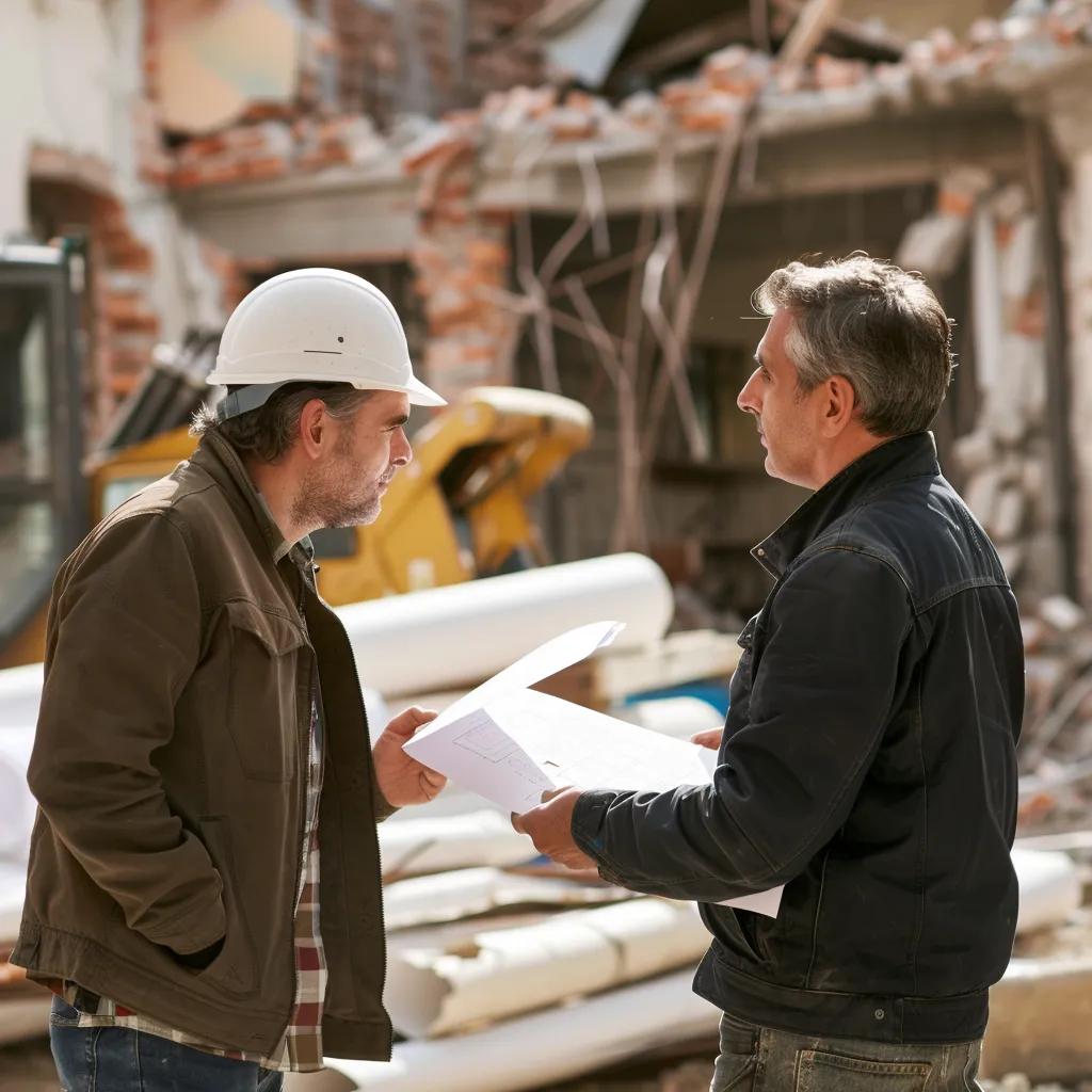 Homeowner consulting with a demolition contractor at a construction site