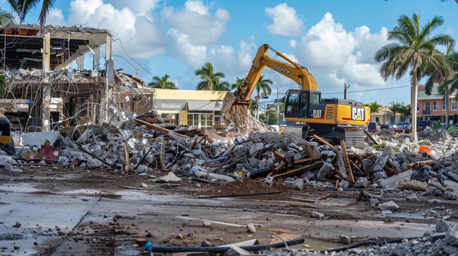 an urban construction site in delray beach showcases heavy demolition machinery amid scattered debris and partially collapsed structures, emphasizing the complexities and costs associated with demolition services.