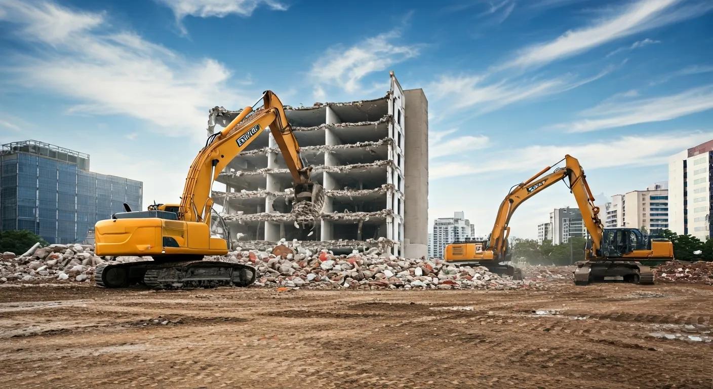 a dynamic urban demolition site bustling with activity, featuring heavy machinery expertly dismantling a large commercial building under a clear blue sky, showcasing the precision and efficiency of project management in the demolition industry.