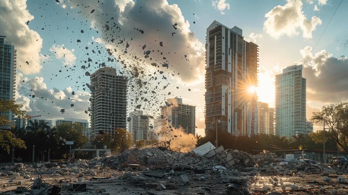 a dynamic urban scene showcasing the bustling skyline of miami, featuring a high-rise building mid-demolition with debris falling against the backdrop of the vibrant neighborhoods of brickell and wynwood, all under dramatic industrial lighting that emphasizes the action and urgency of the commercial demolition process.
