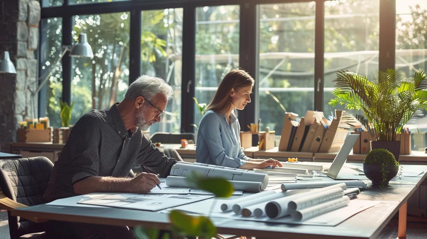 a focused office scene featuring a contractor seated across from a client, reviewing a detailed demolition project plan on a sleek conference table, surrounded by blueprints and construction models, encapsulating the critical conversation about licensing and project management.