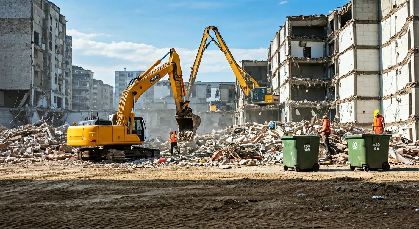 a dynamic urban demolition site features heavy machinery at work, with laborers strategically sorting debris into recycling bins, emphasizing sustainable practices amidst a backdrop of a partially demolished building.