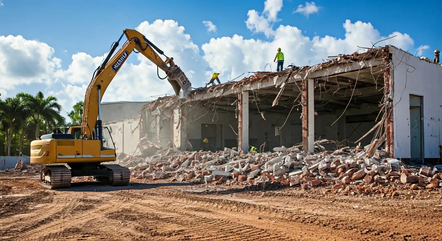 a dynamic urban demolition site in boca raton, showcasing heavy machinery and workers collaborating amidst the remnants of an old commercial building under a bright, clear sky, emphasizing the meticulous planning and precision required in the demolition process.