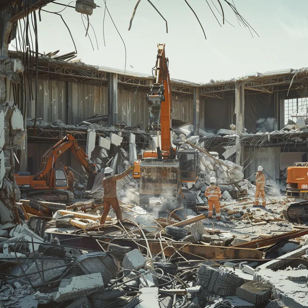Workers engaged in eco-friendly demolition practices, showcasing material recovery and recycling efforts