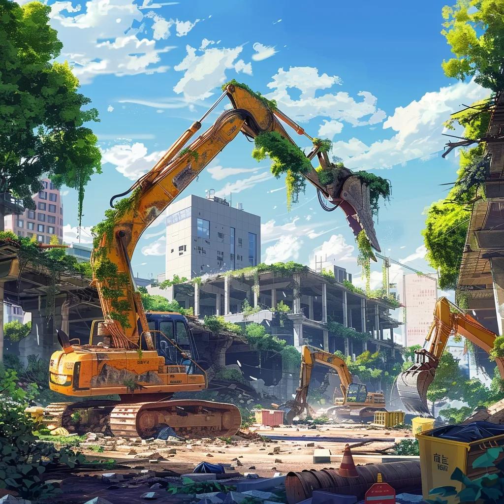 Eco-friendly demolition site with workers using low-emission machinery and recycling practices