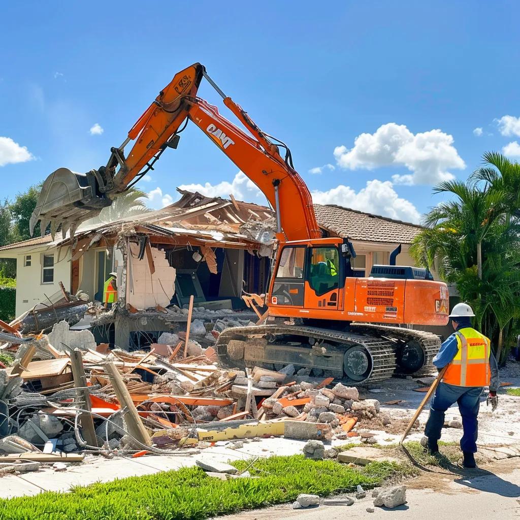 Residential demolition site in Cooper City with machinery and workers