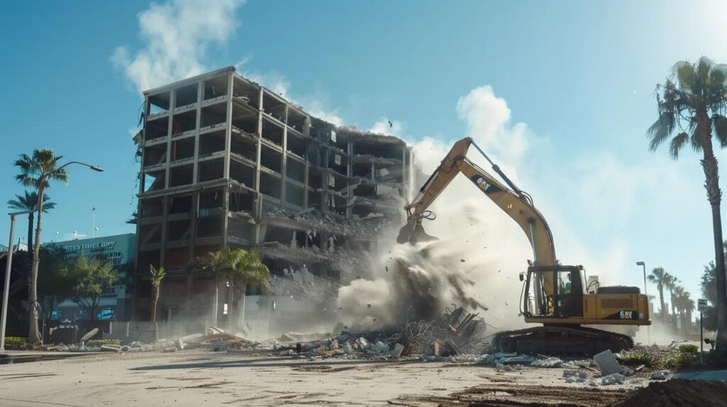 a powerful urban scene showcasing a large commercial building being expertly demolished, with dust clouds billowing in the air and heavy machinery silhouetted against a clear blue sky, conveying the intensity and scale of boca raton's commercial demolition projects.