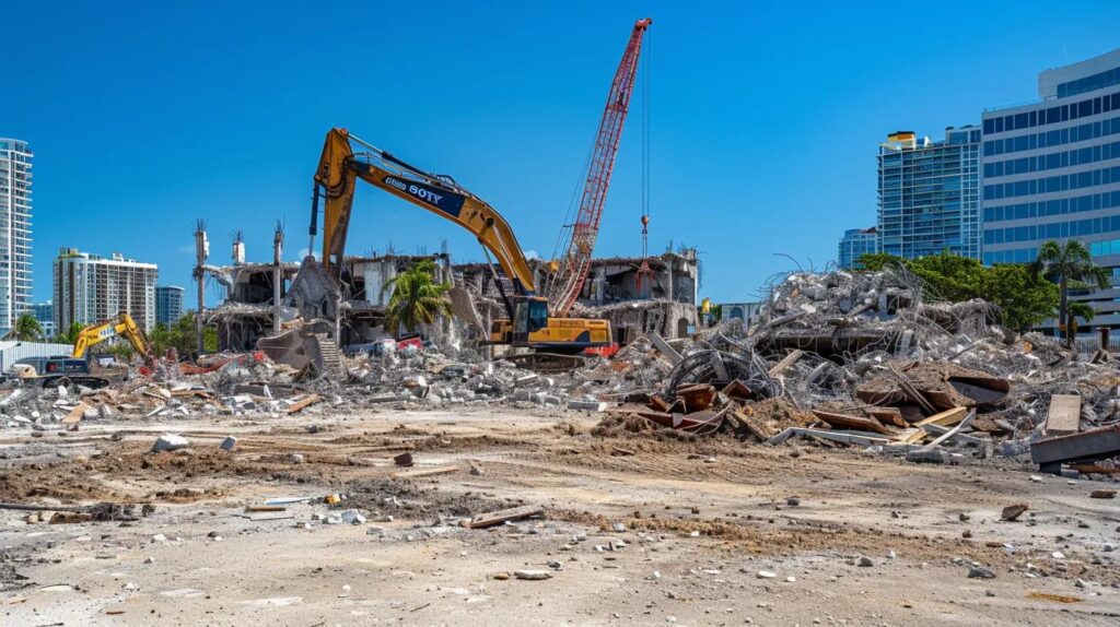a powerful urban demolition scene in miami, showcasing towering cranes and heavy machinery dismantling a large concrete structure against a backdrop of a clear blue sky and cityscape, emphasizing the expertise and scale of the demolition work.