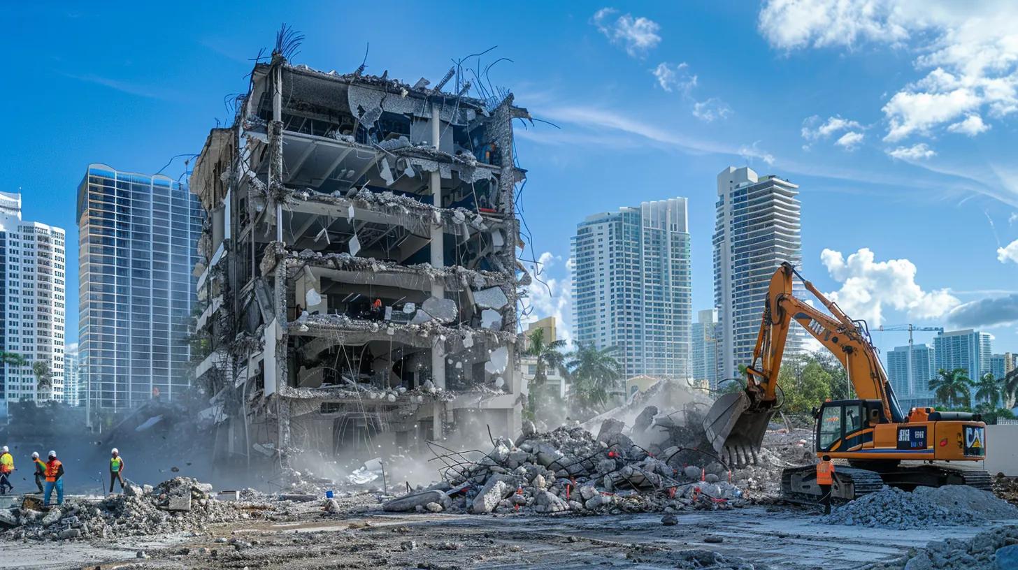a dynamic urban demolition site in miami showcases heavy machinery skillfully dismantling a commercial structure, while workers in high-visibility gear meticulously oversee safety measures and regulatory compliance protocols amidst a backdrop of clear blue skies and city skyline.