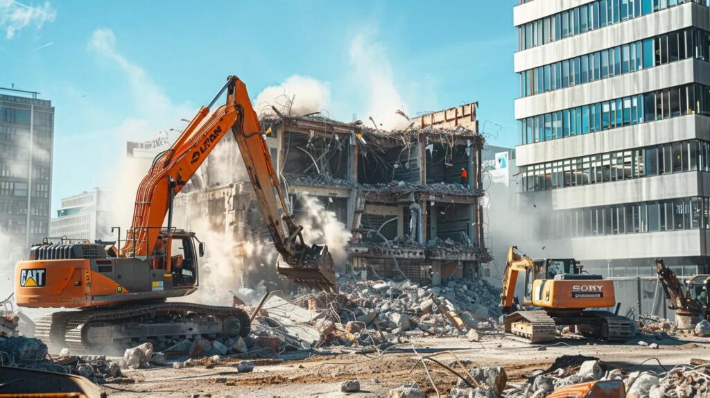 a dynamic urban scene showcases a professional demolition crew meticulously dismantling a mid-century commercial building, surrounded by heavy machinery and safety equipment, under a clear blue sky that emphasizes the transformative power of construction.