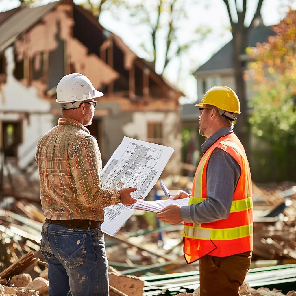 Homeowner consulting with a demolition contractor at a construction site