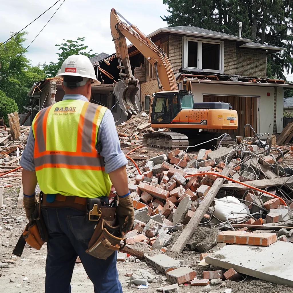 Step-by-step residential demolition process with site assessment and utility disconnection