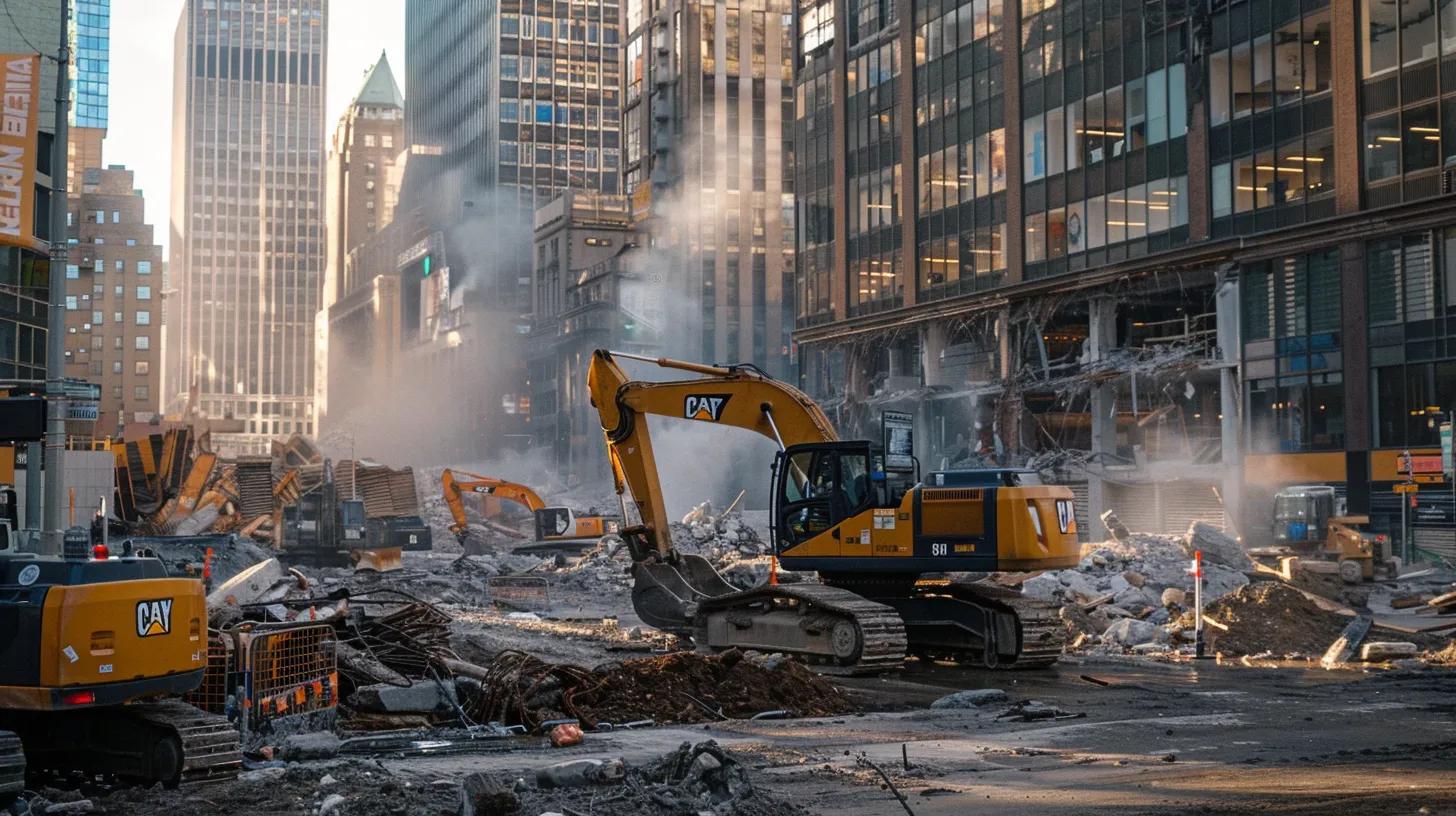 a busy urban construction site showcases an impressive demolition in progress, with towering machinery and caution signs prominently displayed, emphasizing the crucial need for permits and adherence to building codes.