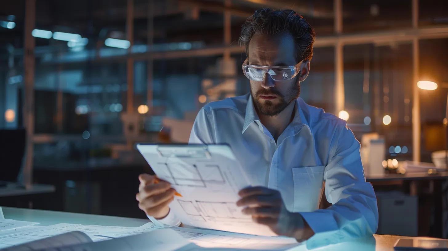 a sleek, modern office setting showcases a focused professional analyzing demolition project plans on a digital tablet, with blueprints and safety equipment prominently displayed in the background.