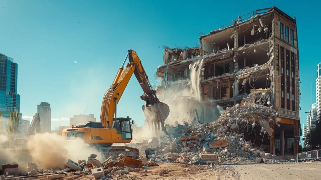 a dynamic urban construction site showcases dramatic machinery in action, expertly dismantling a commercial building amid a backdrop of clear blue sky and towering skyline, emphasizing the various demolition methods employed in modern projects.