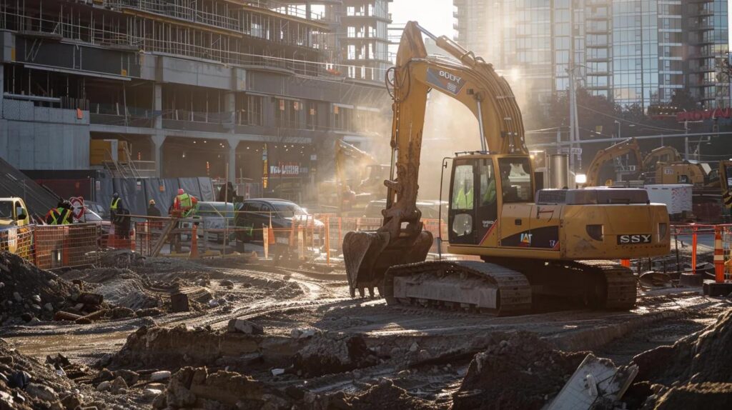 a dynamic urban construction site, showcasing heavy machinery in action as skilled professionals assess the structural integrity of a building destined for demolition, with clear lines of safety barriers and equipment reflecting a crisp, organized atmosphere.
