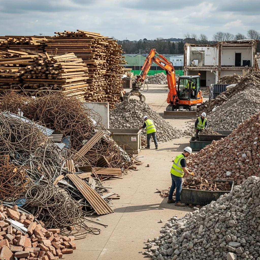 Recycling area at a demolition site with sorted materials for sustainable practices