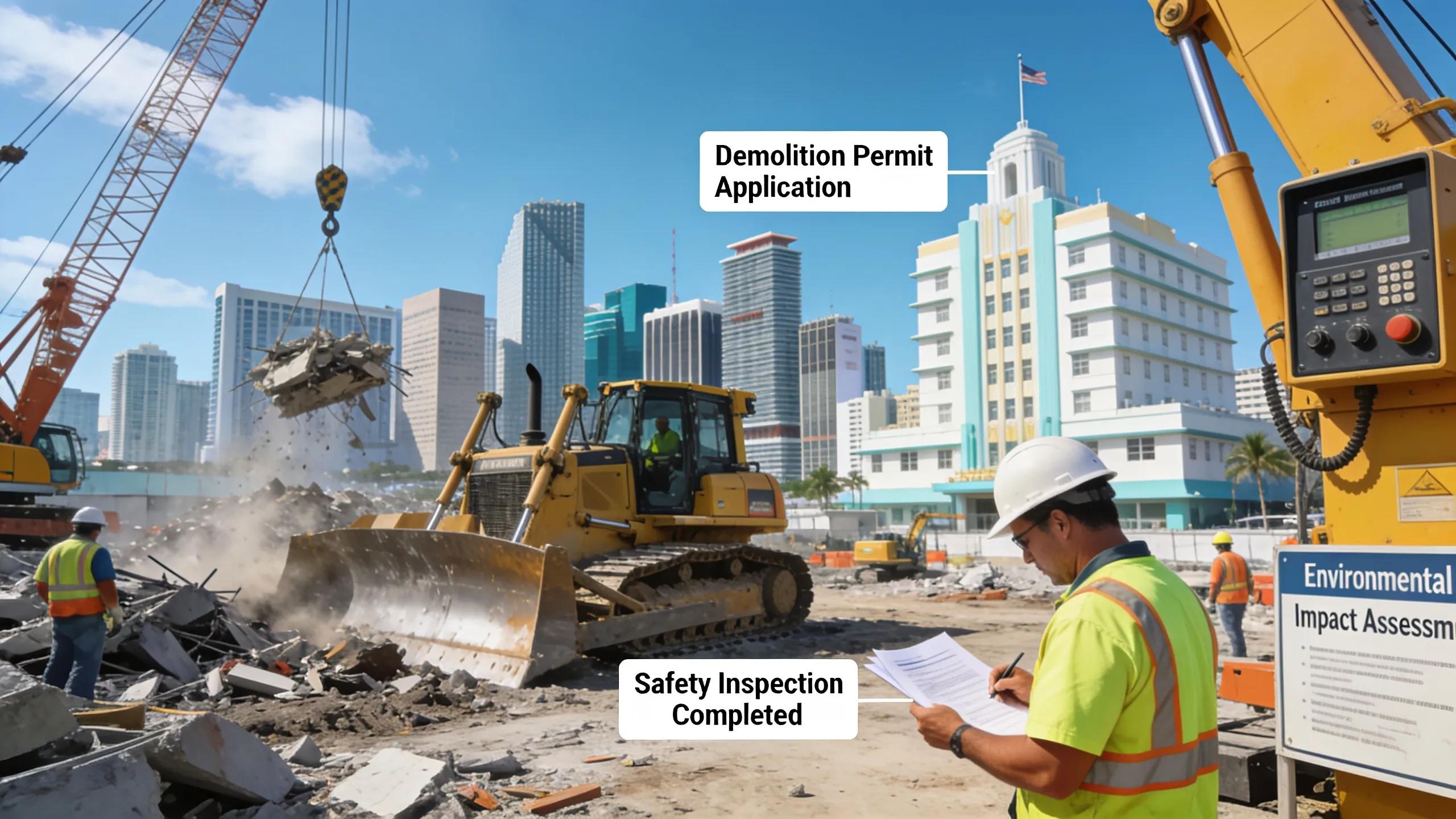 Arranged demolition permit documents on an office desk showing necessary paperwork for Miami permits